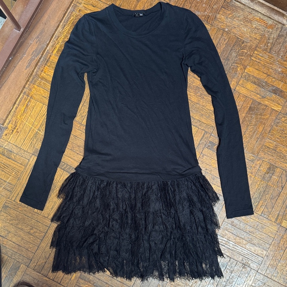 Theory Black Long Sleeve Dress with Lace Skirt
